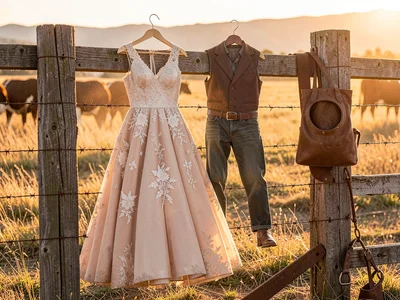 Dior ball gown hanging on barbed wire fence, golden hour cattle pasture backgrou