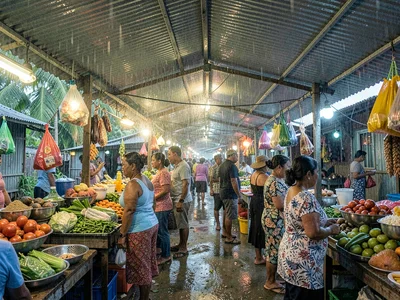 Humid tropical market light in Suva, Fiji, Wet season rain streaming off a marke