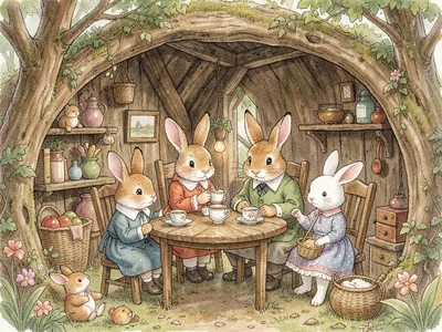 Rabbit family tea time in burrow