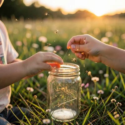 Child's hands catching fireflies in mason jar, magic hour, soft focus, meadow