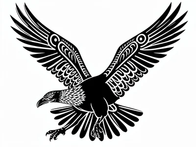 Raven in flight — wings spread, beak forward, formline secondaries filling wing 