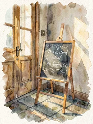 Atmospheric watercolor of the studio's hand-lettered chalkboard easel by the doo