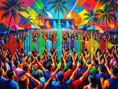 Sound wave pattern containing crowded concert audience, double exposure