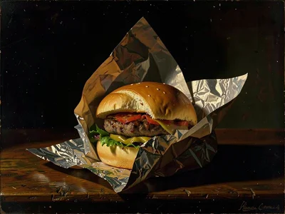 Wrapped burger in paper, partially unwrapped revealing contents, chiaroscuro lig