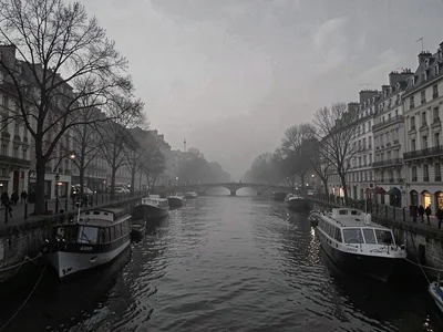 Moored boats as dark shapes in gray