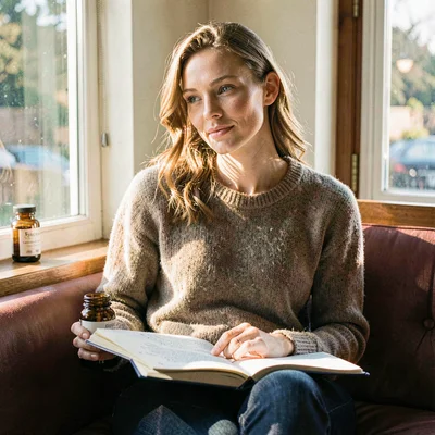 Portrait of a model in a sunlit window seat with an open notebook and supplement