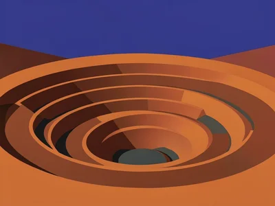 Ringed terraces of a rust-orange quarry descend in flat geometric circles under 