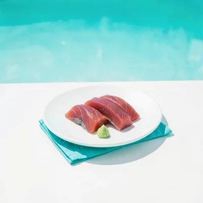 Expansive turquoise negative space, bleached whites, Raw tuna sashimi arranged o