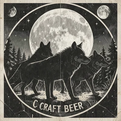 Craft beer label illustration, Wolf pack silhouette against full moon , brewery 