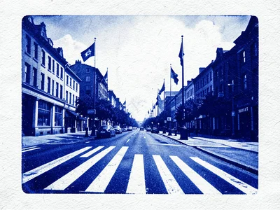 Sun-printed urban pride scene, crosswalk and flags in Prussian blue