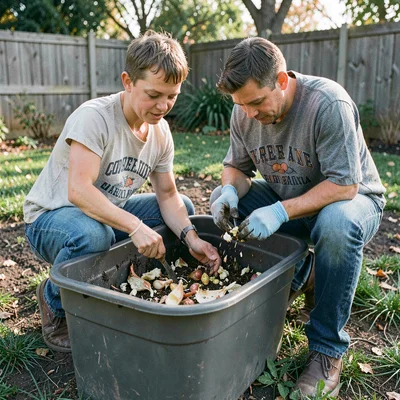 Documentary photography, unposed moment, Composting bin in backyard, food scraps