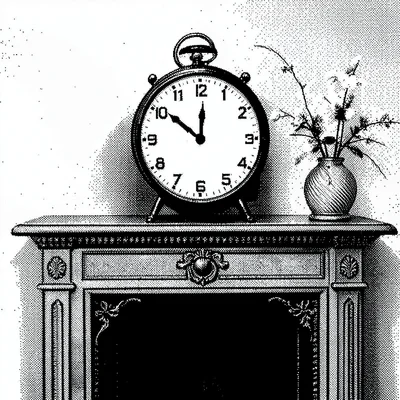 1-bit dithered illustration, clock on mantle , black and white only, dither patt