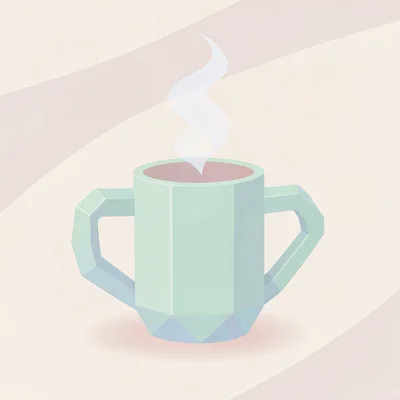 Steaming mint lowpoly mug with a chunky handle and steaming triangulated curl ab