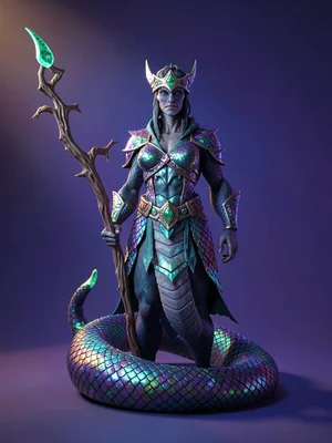 Solitary naga sorcerer in iridescent-scale wraps with jade-set crown, gnarled st