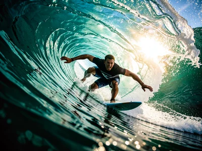 Surfer inside the barrel of a massive wave, sun filtering through the water wall