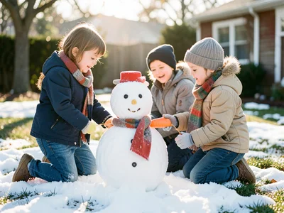 Children building snowman in front yard, carrot and scarf, afternoon