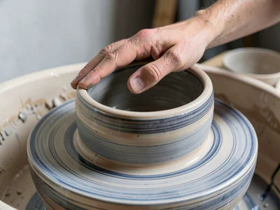 A hand resting lightly on the shoulder of a spinning wet pot on the wheel