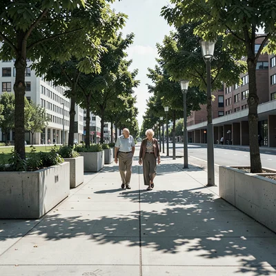 Planned city photography, modernist urbanism, An elderly couple walking along a 