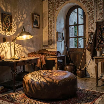 Through the Fes tannery eye, leather and dye craft, A brass lamp casting pierced