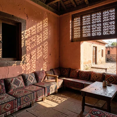Afternoon sun through mashrabiya lattice in Lamu, Kenya, Traditional baraza seat