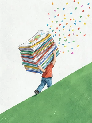 A child carrying an oversized stack of mismatched paper drawings up a flat green