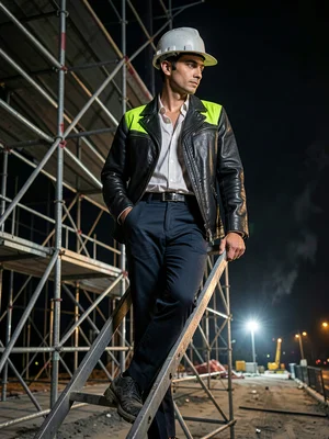 Scaffolding as geometric backdrop, worker ascending, fashion in elevation
