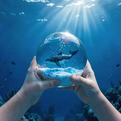Deep oceanic blue saturation, light filtering through density, A childs hands ho