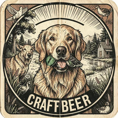 Craft beer label illustration, Golden retriever with duck in mouth , brewery lab