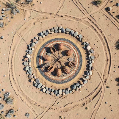 Desert seed pods in a circle on sandy ground, outer ring of pebbles, top-down fl