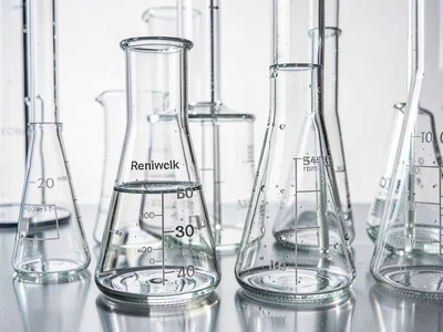 Laboratory beakers and test tubes, scientific glassware study, clarity and preci