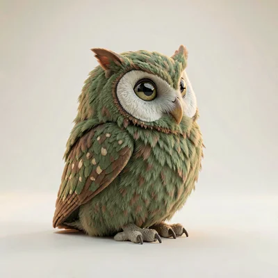Round owl-spirit perched with head rotated nearly fully sideways in an inquisiti