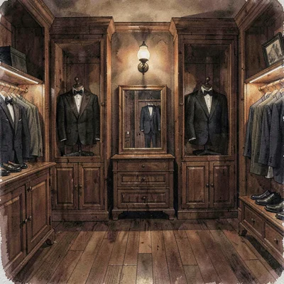 Atmospheric interior of the tuxedo shop at the dim quiet hour, mahogany cabinets