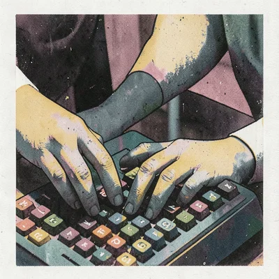Risograph-style illustration, hands typing on keyboard , spot color layer simula