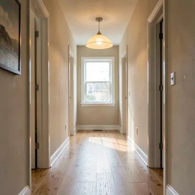 Cozy atmospheric of soft daylight on an empty hallway, single warm pendant casti