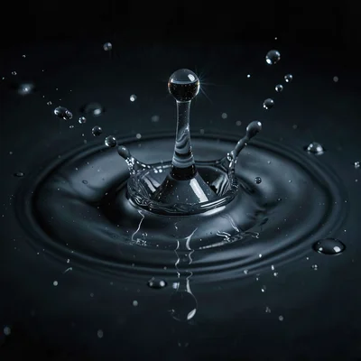 Droplet hitting still water surface with perfect frozen crater and rising column