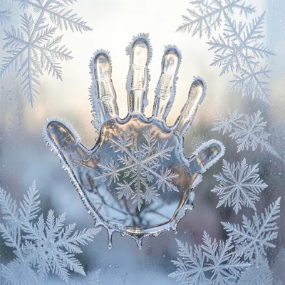 A handprint melted into a frosted window, the clear handshape showing the world 