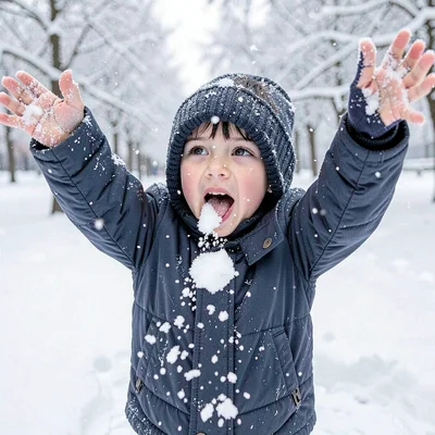 A child discovering snow for first time, arms raised, flakes landing on tongue