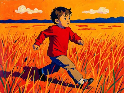 Child running in a field, clothing flat bright red, grass arbitrarily orange