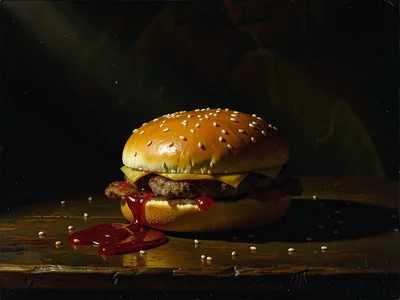 Big Mac on dark wooden table, Caravaggio single light source from upper left, se