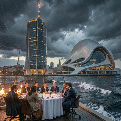 Oil-baron nouveau meeting Flame Tower modernity in windy Baku, Heydar Aliyev Cen