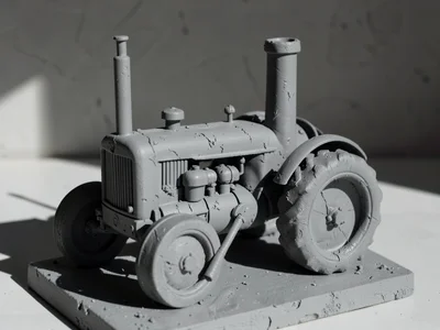 Squat tractor reimagined in unpainted clay with wheel hubs as concrete drums and