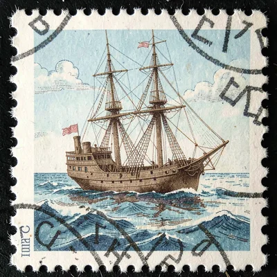Postage stamp illustration, Historic ship at sea , tiny perfect composition, phi
