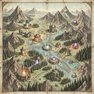 Fantasy map illustration, a planar map showing multiple realms connected by port
