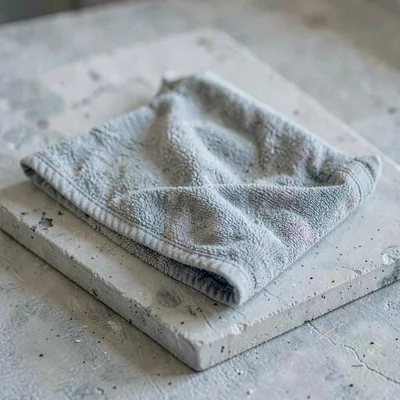 Worn-material closeup of a folded swim towel on chalky board