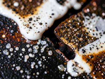 White shino glaze crawling on dark clay, molten surface pulling apart to reveal 