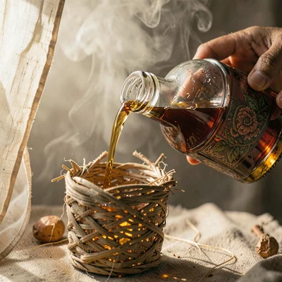 Intimate warm-toned photograph, Honey wine tej in traditional berele flask, ambe