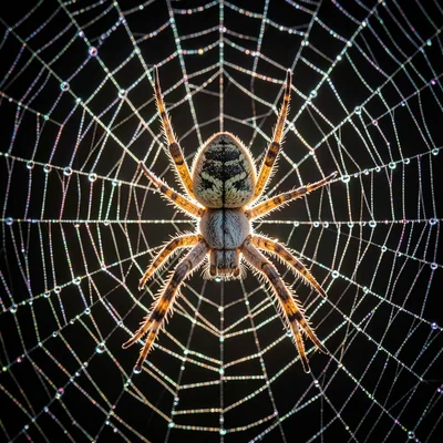 A dew-covered spider web with the garden spider at center, each silk strand bead