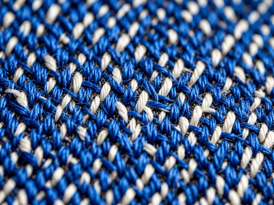 Denim twill weave extreme macro, blue warp and white weft threads interlocking i
