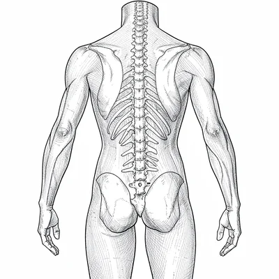 Vertical anatomy plate of a torso showing posterior chain hatching