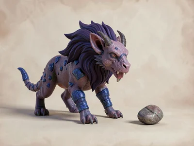 Twilight-toned manticore with deep indigo mane and lapis-blue scorpion segments,